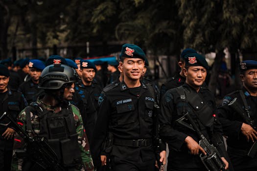 Indonesian police and military personnel in uniform during an operation in Bangkalan, East Java.